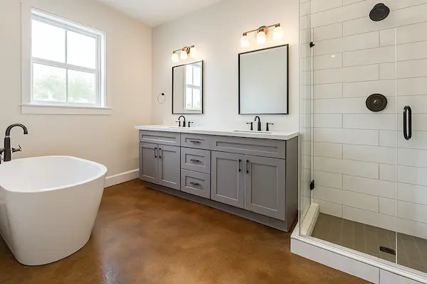 Stained concrete floor in Treasure Valley home by ZoeyComm Construction